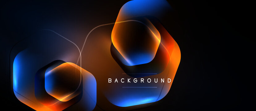Abstract geometric shapes, vibrant blue, orange hues. Dark background creates dynamic visual effect. Modern design elements present.