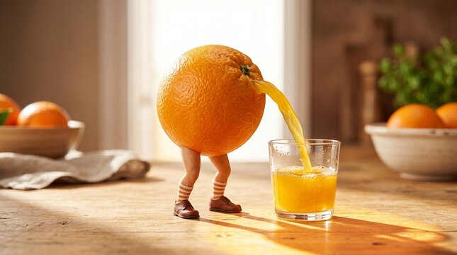 Anthropomorphic orange character pouring glass of fresh orange juice on kitchen counter