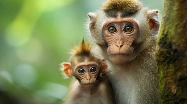 Portrait of a curious baby monkey sitting close to its mother in a lush green tropical forest setting.