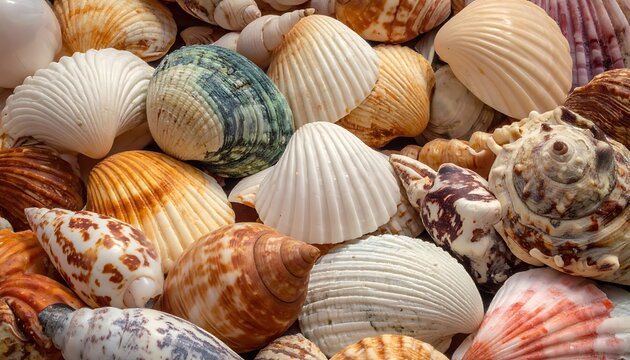 A colorful assortment of seashells closely packed together
