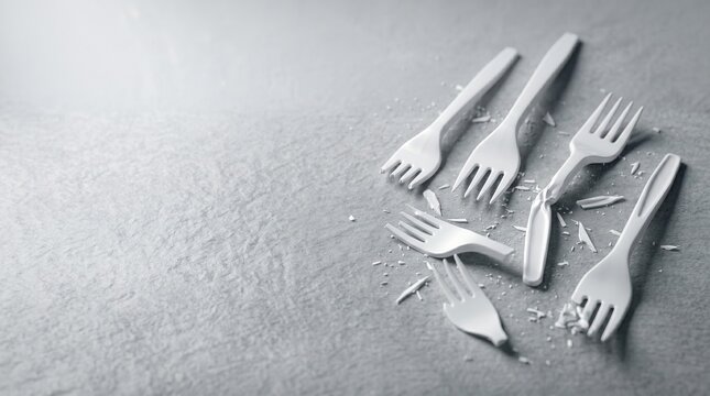 Broken white plastic forks on a gray background. Concept of excessive consumption and environmental pollution. Plastic waste management and ecology crisis with recycle awareness.