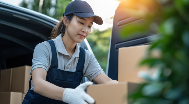 Female delivery worker in uniform carefully unloads cardboard packages from back of van.
