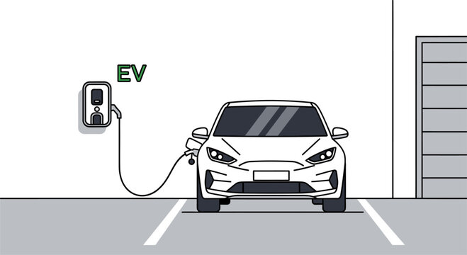 Electric Car Charging at Home Garage Vector Illustration, Minimalist Line Art Style.