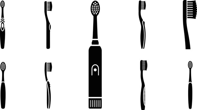 Collection of black toothbrushes and electric toothbrush on transparent background eps.