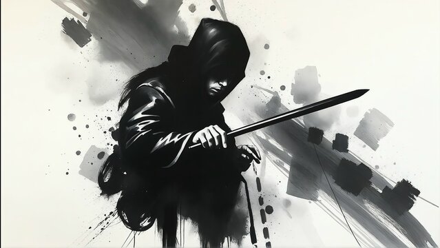 Dark Hooded Warrior Holding a Sword in Traditional Sumi e Ink Wash Style