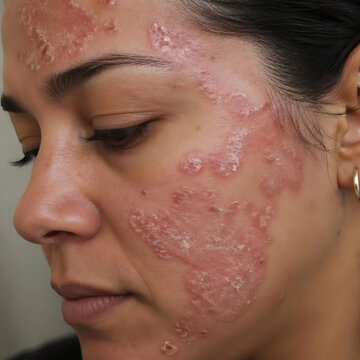 close up of psoriasis on woman s face red patches flaky skin inflammation documentary style shallow depth of field realistic skin condition medical photography intimate portrait natural light serene e