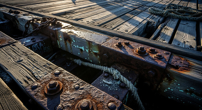 Detailed close-up of weathered wooden planks and rusty metal bolts on a dock, showing texture and decay with dramatic lighting