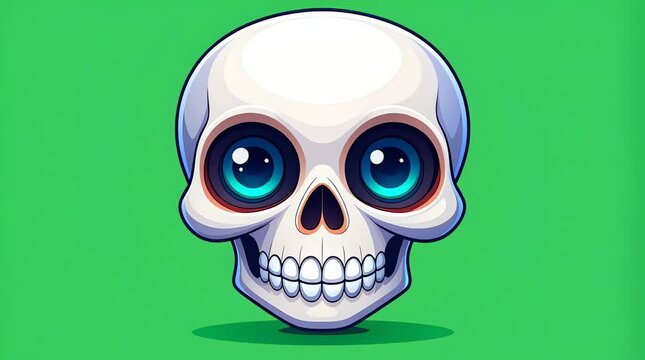A cartoon skull with big blue eyes and a smile on a green background