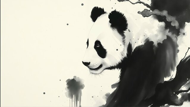 Giant Panda Bear Portrait in Traditional Sumi e Ink Wash Style