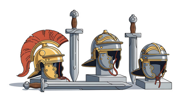 Collection of roman legionary helmets and gladius swords, pixel art illustration, ancient military equipment, warrior historical symbols