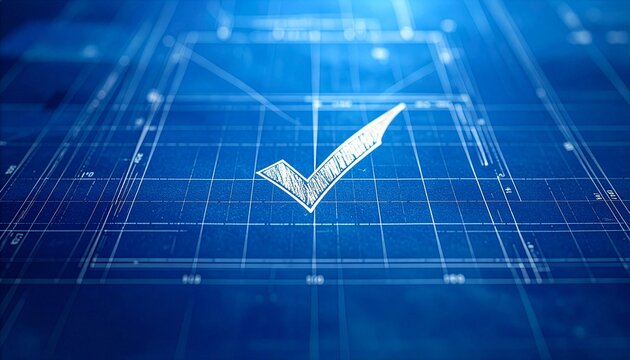 A blueprint with a checkmark signifies project completion or approval, a clean image suitable for technical, architectural, or design-related concepts. 