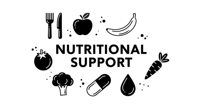Nutritional support concept with healthy food icons and supplement capsule.