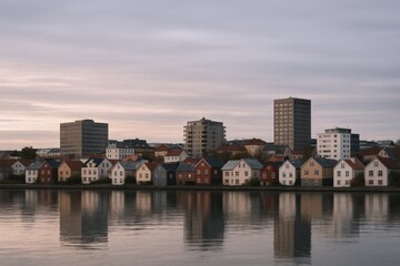 Obraz premium Waterfront cityscape with colorful row houses and modern buildings reflecting on calm water