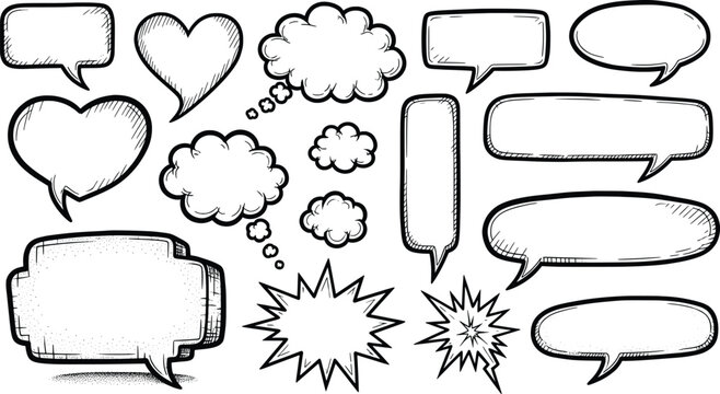 Set of comic style speech bubbles and thought balloons, some with heart and cloud shapes.