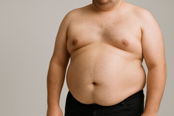 Naklejka premium Overweight man's bare torso with prominent belly and jeans, isolated on a neutral studio background