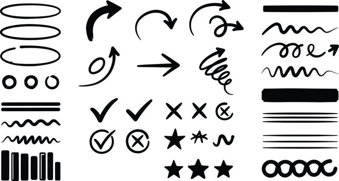 Assorted arrows, check marks, crosses, circles, lines, and stars for design and marking purposes.