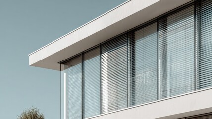 Fototapeta premium Modern Architecture Exterior Detail Featuring Large Glass Windows and Clean White Facade Under a Clear Sky