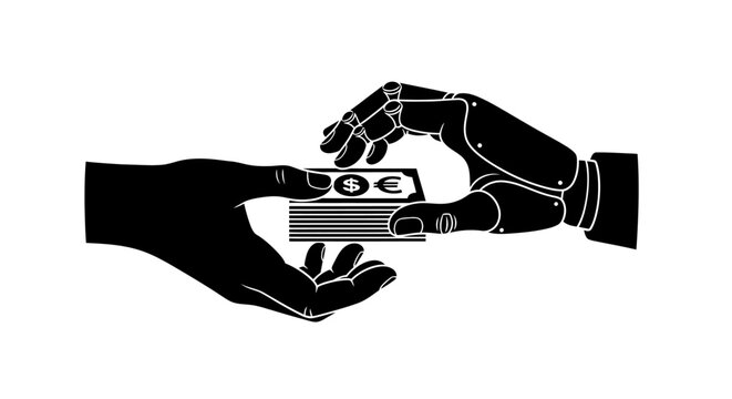 Robot hand gives money to human hand, symbolizing AI and finance