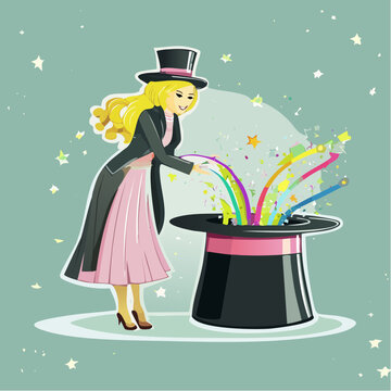 Magician Woman Performing Trick with Top Hat and Rainbow Colors