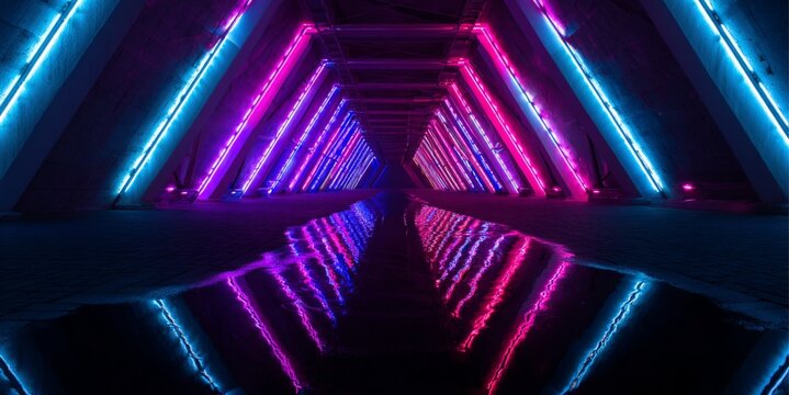 Neon cyberpunk triangle tunnel background with wet reflection for gaming poster and website hero image