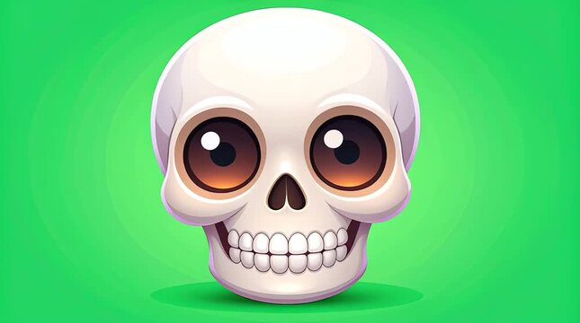 A smiling cartoon skull illustration with large eyes on a green background