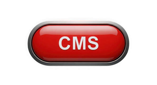 Red button labeled cms for content management system interface isolated on transparent background