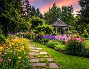 Obraz premium A serene garden scene with a gazebo, vibrant flowers, and a stone pathway
