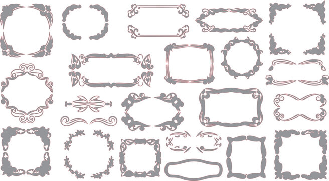 Vintage floral frames and calligraphic borders provide a sophisticated collection of gray ornamental design elements.