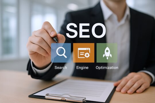 Digital marketing expert touching SEO icons on screen for online search engine optimization strategy