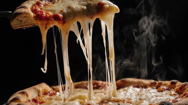 Pizza pulled with melted mozzarella cheese and hot smoke looks delicious and appetizing food advertisement