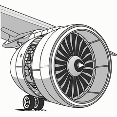 Detailed vector illustration of a modern jet engine with visible turbine blades attached to an airplane wing and landing gear, technical drawing highlights aviation technology and design, mechanical © Aaaa