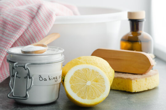 Natural remedies: baking soda, lemon, vinegar, cold water for removing stains from clothes. Sustainable living and zero waste concept