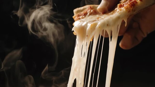 Pizza pulled with melted mozzarella cheese and hot smoke looks delicious and appetizing food advertisement