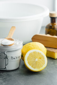 Natural remedies: baking soda, lemon, vinegar, cold water for removing stains from clothes. Sustainable living and zero waste concept