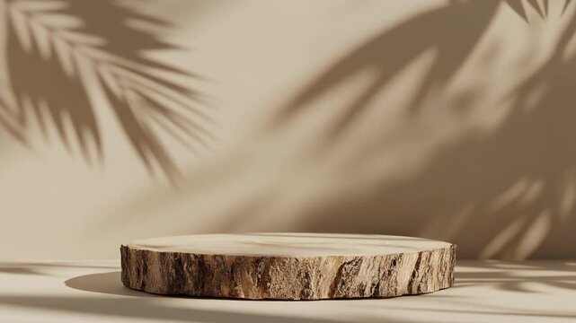 Wooden slice rests in sunlight, palm shadows dance, nature whispers calm through organic design.