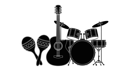 Musical Instruments Silhouette Collection with Acoustic Guitar, Drums, and Maracas Vector Illustration. © masss