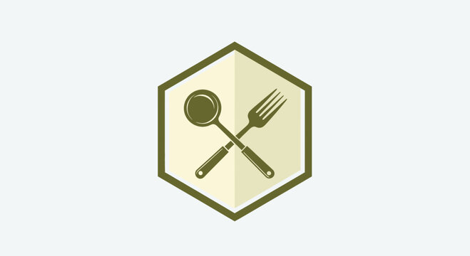 Culinary Emblem Featuring Spoon and Fork Crossed Within a Geometric Hexagon