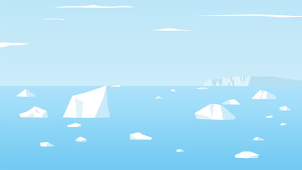 Clean vector illustration of a cartoon Arctic landscape with frozen seas and tall, towering icebergs.  © Tanjida