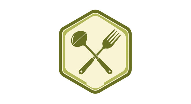 Culinary Symbol: Fork And Spoon Emblem In Modern Green Geometric Design
