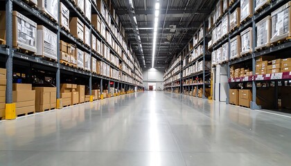 Fototapeta premium A long, empty warehouse aisle with shelved boxes and a shiny floor