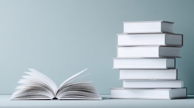 Stack of blank white hardcover books beside an open book on a clean, light blue background, representing knowledge and learning