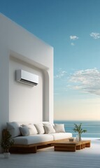 Obraz premium Modern minimalist outdoor living space with air conditioning unit overlooking a serene ocean view