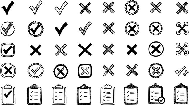 Hand-Drawn Check Marks  Crosses: Doodle Style Tick  X Symbols for Approval, Rejection  More