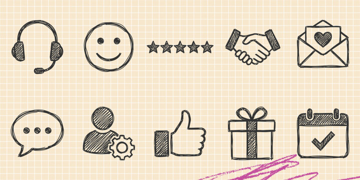 Black ink scribble doodle vector vintage hand drawn set of customer service call center and online support headset