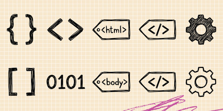 Black ink scribble doodle vector vintage hand drawn set of programming coding html brackets and web development