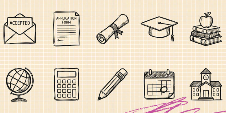 Black ink scribble doodle vector vintage hand drawn set of education graduation diploma school and learning tools
