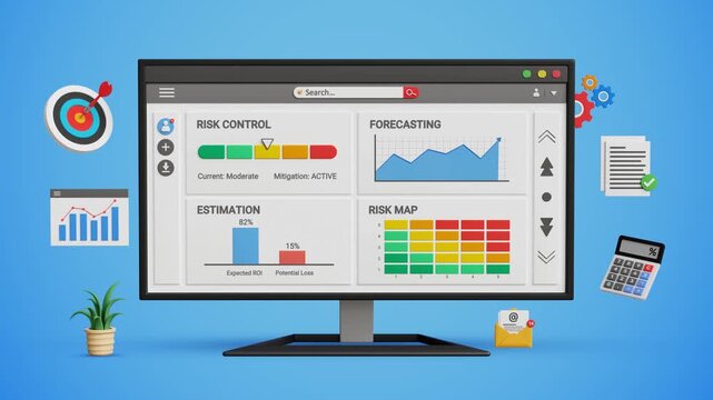 Risk Management and Control. Financial Management Strategies. Identifying, Assessing and Mitigating Investment Risk Analysis, Risk Control, Risk Map graphics on Computer Screen. 4K 3D Video Animation
