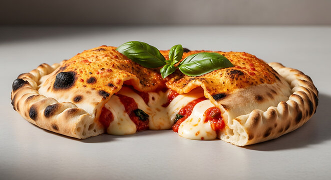 Delicious calzone with melted cheese oozing out, topped with fresh basil leaves, baked dough with charred spots, closeup, food photography