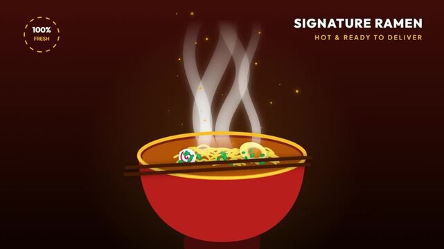 Animated Vector Graphic of a Steaming Bowl of Ramen with Chopsticks, Hot and Ready to Deliver Signature Ramen Advertisement