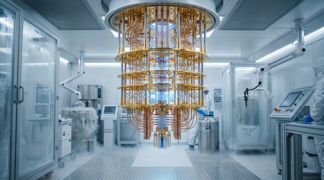 A highly complex, golden chandelier-like quantum computer suspended in a hyper-sterile cryogenic lab, glowing with a soft blue light, cinematic, photorealistic.
